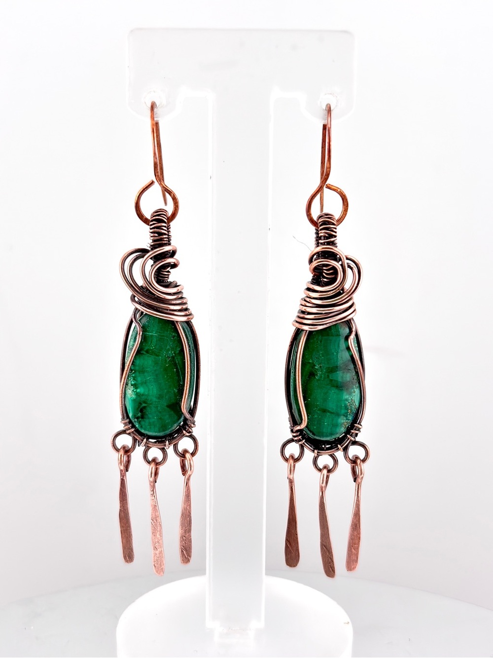 HANDMADE Malachite Copper Wire Wrapped Dangle Earrings, Artisan Jewelry Gift